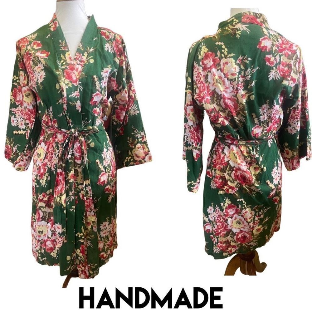Handmade Unbranded Green Floral Kimono Style Cotton Robe Size Small